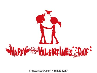 Vector illustration. Romantic couple and congratulations on Valentine's Day.