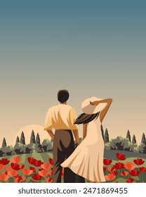 Vector illustration. Romantic couple, date, travel, tourism. Wall poster, banner, postcard, cover. Valentine's day, romantic trip. Retro design.