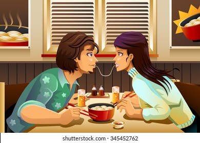 A Vector Illustration Of Romantic Couple Eating Noodle Together