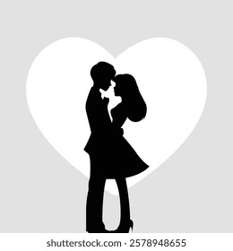 Vector illustration of a romantic couple embracing in front of a heart-shaped background. A minimalist and elegant design perfect for Valentine's Day themes, wedding invitations, love-themed artwork, 