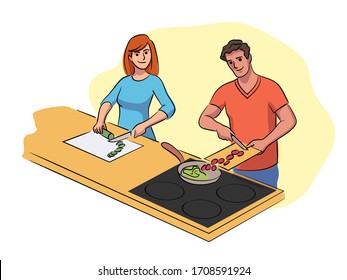 Vector Illustration romantic couple everyday life together. Man and woman cooking food at kitchen. Young family preparing dish. Daily routine, home culinary, housework, care, relationships concept