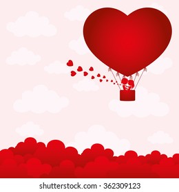 Vector illustration. Romantic couple flying in a balloon.