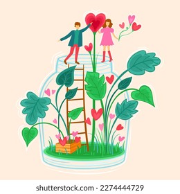 Vector illustration romantic couple with heart and green plants. Postcard on anniversary.