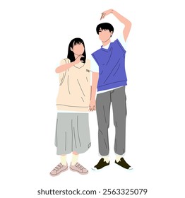 A vector illustration of a romantic couple in love forming a love sign with their hands while holding hands together, symbolizing affection, connection, and harmony, perfect for love and relationship 