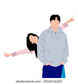 A vector illustration of a romantic couple in love where a woman playfully stands behind a man making a 'peace' sign, symbolizing joy, fun, and affection, perfect for love and relationship themes