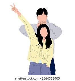 A vector illustration of a romantic couple in love where a woman makes a 'peace' sign and a man playfully places both hands on her head, symbolizing joy, affection, and a fun connection