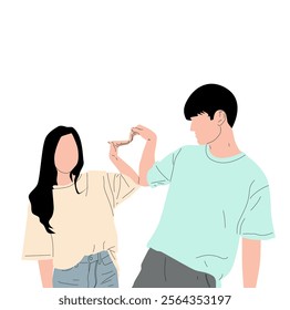 A vector illustration of a romantic couple in love making a 'love' sign together with their hands, symbolizing unity, affection, and romance, perfect for love, relationships, and special moments.