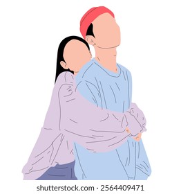 A vector illustration of a romantic couple in love where a woman hugs a man from behind, symbolizing affection, intimacy, and warmth, perfect for themes of love, relationships, and togetherness.