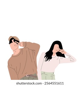 A vector illustration of a romantic couple in love making a 'peace' sign together, symbolizing joy, fun, and connection, perfect for themes of love, relationships, and cheerful moments.