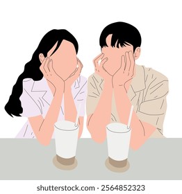 A vector illustration of a romantic couple in love sitting together, enjoying a glass of coffee latte, symbolizing warmth, intimacy, and connection, perfect for themes of love, relations