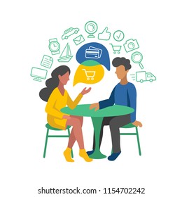 Vector illustration of romantic couple sharing ideas, chatting about news, social networks, gossips. People sitting at a table with speech bubbles and consumer wishes icons in flat style.