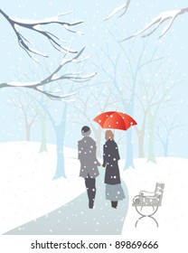 vector illustration of a romantic couple walking through a snow covered park in winter in eps 10 format