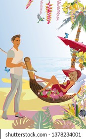 Vector illustration of romantic couples in love with flowers.  Series of tropical backgrounds. Background with a sandy beach with palm trees and flowers. 