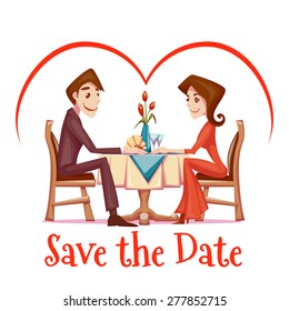 Vector illustration of romantic date of man and woman in restaurant.