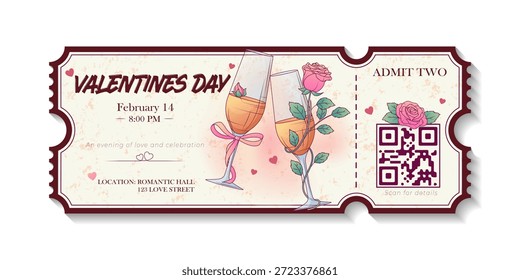 Vector illustration of a romantic Valentine’s Day ticket with champagne glasses and roses. Elegant invitation design for love celebration, wedding party, date night, or festive event promotion.