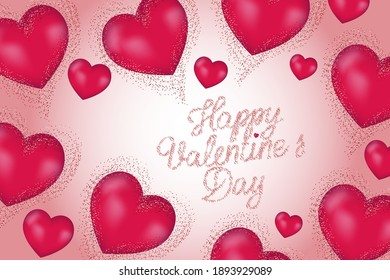 Vector illustration. Romantic design for Valentine's Day. Realistic 3d pink balloons,  shining confetti. Serpentine text design. Festive banner, web poster, flyer, stylish brochure, postcard, cover.