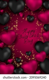 Vector illustration. Romantic design for Valentine's Day. Realistic 3d purple gel balloons. Handwritten text. Festive vertical banner, web poster, flyer, stylish brochure, postcard, cover, background.