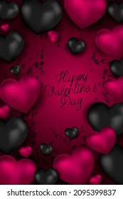 Vector illustration. Romantic design for Valentine's Day. Realistic 3d purple gel balloons. Handwritten text. Festive vertical banner, web poster, flyer, stylish brochure, postcard, cover, background.