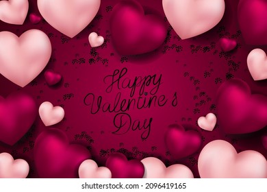 Ilustración vectorial. Diseño romántico para el Día de San Valentín. Globos realistas de gel rosado, morado y 3d. Texto escrito a mano. Banner festivo, afiche web, volante, folleto elegante, postal, portada, fondo.
