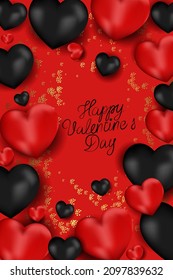 Vector illustration. Romantic design for Valentine's Day. Realistic 3d red gel balloons. Handwritten text. Festive vertical banner, web poster, flyer, stylish brochure, postcard, cover, background.