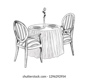 Vector illustration of a romantic dinner.Two armchairs,round table with a tablecloth,cutlery and a vase with a rose.Monochrome image in sketch style. Vintage.