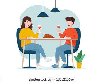 Vector illustration: romantic dinner at home. The man and the woman are drinking wine.