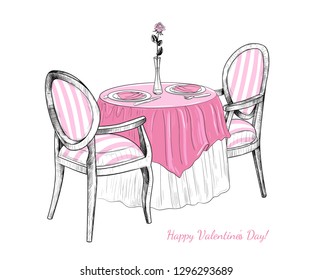 

Vector illustration of a romantic dinner on Valentine's Day.Two armchairs,round table with a tablecloth,cutlery and a vase with a rose.Color sketch, vintage.