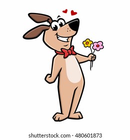 Vector illustration of romantic dog handing out flowers