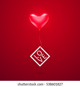 Vector illustration of romantic element with red heart balloon, white line frame with typography text sign LOVE. Valentines card template for holiday greeting