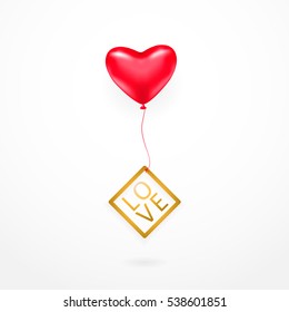 Vector illustration of romantic element with red heart balloon, gold line frame with shine typography text sign LOVE isolated on white background. Valentines card template for holiday greeting