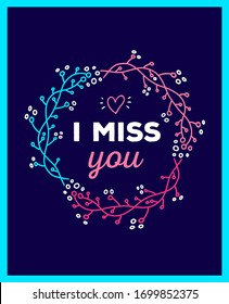 Vector illustration of romantic floral frame with inscription on blue color background. Flat line art style design of flower decor wreath for card, wedding invitation, poster, print