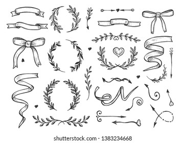 Vector illustration of romantic floral sketchy hand drawn elements set. Herbs and flowers, wreaths, hearts, ribbons, arrows. Vintage hand drawn style.
