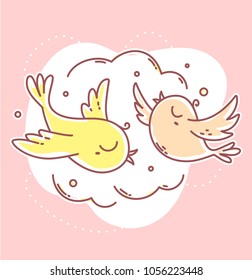 Vector illustration of romantic flying two birds in the sky on pink background. Flat line art style bird for print, web, site, gift card, romantic banner, greeting card