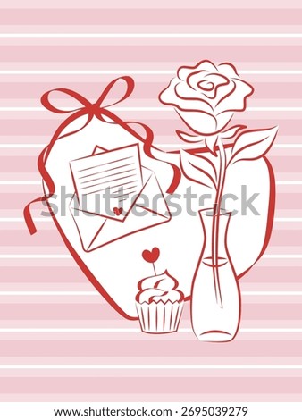 Vector illustration of a romantic gift set featuring a rose in a vase, a love letter with a heart design, and a cupcake topped with a heart decoration. Ideal for love-themed projects.