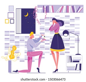 Vector Illustration Romantic Happy Couple in Love. Two People Silhouette in Cozy Interior at Home. Man Standing on One Knee Holds Box of Ring in Hand Proposal Marriage to Surprised Woman.