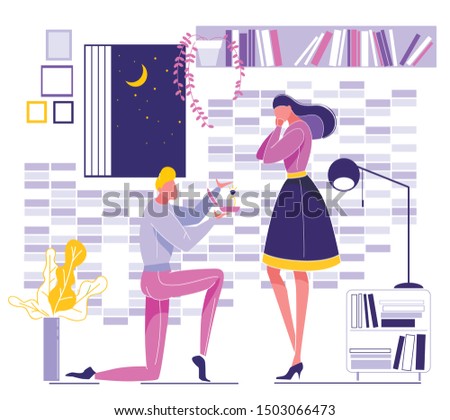 Vector Illustration Romantic Happy Couple in Love. Two People Silhouette in Cozy Interior at Home. Man Standing on One Knee Holds Box of Ring in Hand Proposal Marriage to Surprised Woman.