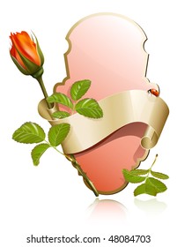 Ilustración vectorial.  Etiqueta romántica con cinta, mariquita y rosa.