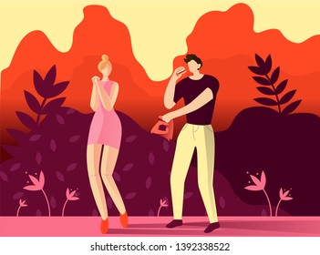 Vector Illustration Romantic Lunch in Nature. Guy is Eating Bun and Offers to Share Food With Girl. Young Happy Woman Rejoices Acquaintance with Man in Park. Beauty Casual Relationship.