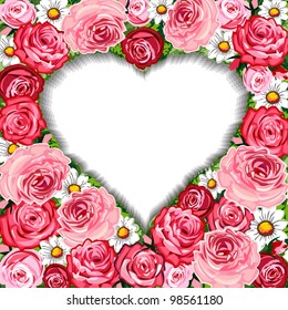 Vector illustration of romantic red with pink roses background heart shaped frame