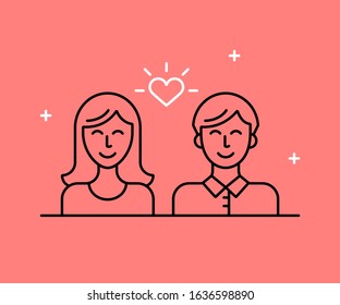 Vector illustration of a romantic relationship between a man and a woman. Linear icon of lovers. Image of sympathy and love. Expression of emotion.