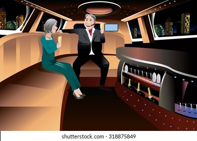 A vector illustration of romantic retired couple enjoying champagne in a limousine