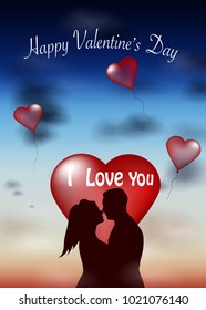 Vector illustration, romantic scene of Valentine's day concept. Silhouette couple love kissing with beautiful sky background.