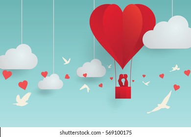 Vector illustration, romantic scene of Valentine's day concept, paper style with shadow, couple lovers kissing on balloon, cloud and sky background, in heart shape and bird flying.  