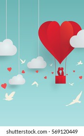 Vector illustration, romantic scene of Valentine's day concept, paper style with shadow, couple lovers kissing on balloon, cloud and sky background, in heart shape and bird flying.  