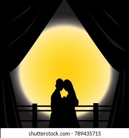 Vector illustration, romantic scene of Valentine's day concept background
on the full moon night, the lovers are kissing.