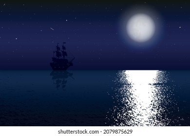 Vector illustration of romantic sea. Night sea landscape with moon, stars and ship in dark sky. beautiful calm summer of midnight scene with moonlight reflection in deep and warm water.Eps 10