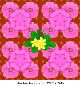 Vector illustration. Romantic seamless pattern with watercolor bouquet of abstract plumeria flowers in orange, magenta and pink colors. For backgrounds, textiles, wrapping papers, greeting cards.