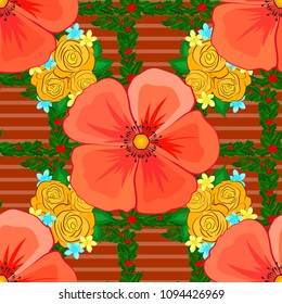 Vector illustration. Romantic seamless pattern with watercolor bouquet of abstract cosmos flowers in orange, green and yellow colors. For backgrounds, textiles, wrapping papers, greeting cards.