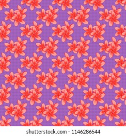 Vector illustration. Romantic seamless pattern with watercolor bouquet of plumeria flowers in violet, pink and orange colors. For backgrounds, textiles, wrapping papers, greeting cards.