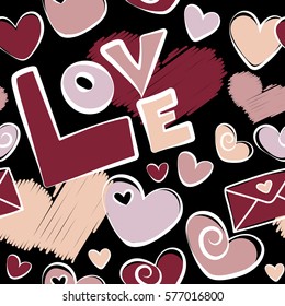 Vector illustration. Vector romantic seamless pattern with hearts for your design in red colors. Valentines day vector decoration on black background.